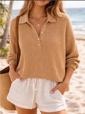 Free People Beach Oversized Slouchy Ribbed Knit Collared Pullover Tan / Camel